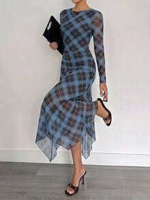 Firerie Elegant Y2k Fashion Plaid Ruched Asymmetrical Hem Long Dress For Women Going Out Party Blue Plaid Autumn - Multicolor - View 5