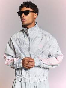 SUMWON Floral Camo Zip-Up Windbreaker Jacket With Pink Stripe Details And Elastic Hem Full Zip Closure - Light Grey - View 1