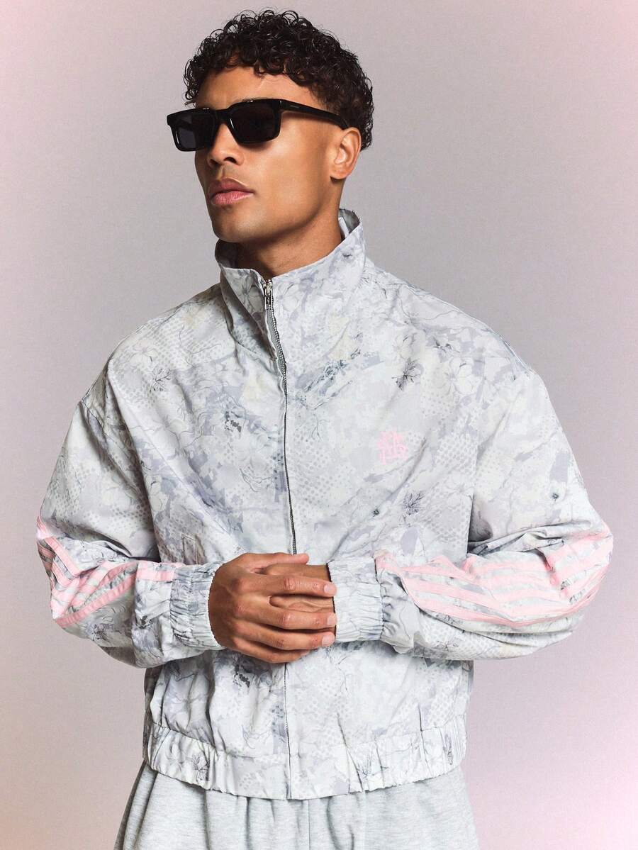 SUMWON Floral Camo Zip-Up Windbreaker Jacket With Pink Stripe Details And Elastic Hem Full Zip Closure - Light Grey - View 1