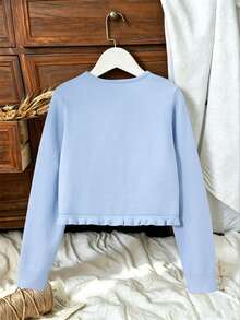 SHEIN Vintaside Kids Tween Girl Solid Color Frill Trim Single Button Knit Cardigan - Blue - View 2