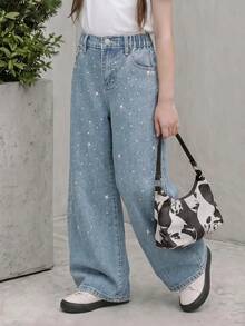 SHEIN 少女灰色时尚休闲水钻装饰宽松阔腿水洗牛仔裤 - 藍色 - 查看 4
