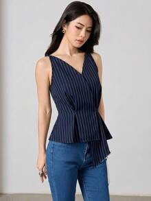 Heiryn 女款夏季時尚條紋不對稱下擺無袖上衣 - 藏蓝色 - 查看 6
