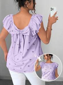 Elenzga Plus Size Women's French Casual Elegant Cute Kawaii Bow Blue And White Boat Neck Flutter Sleeve Blouse Vacation Summer Top Birthday Brunch Dinner - Purple - View 2