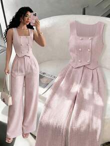 Elenzga Women Checkered Double-Breasted Vest And Pants Elegant 2 Pieces Set Easter - Pink - View 1