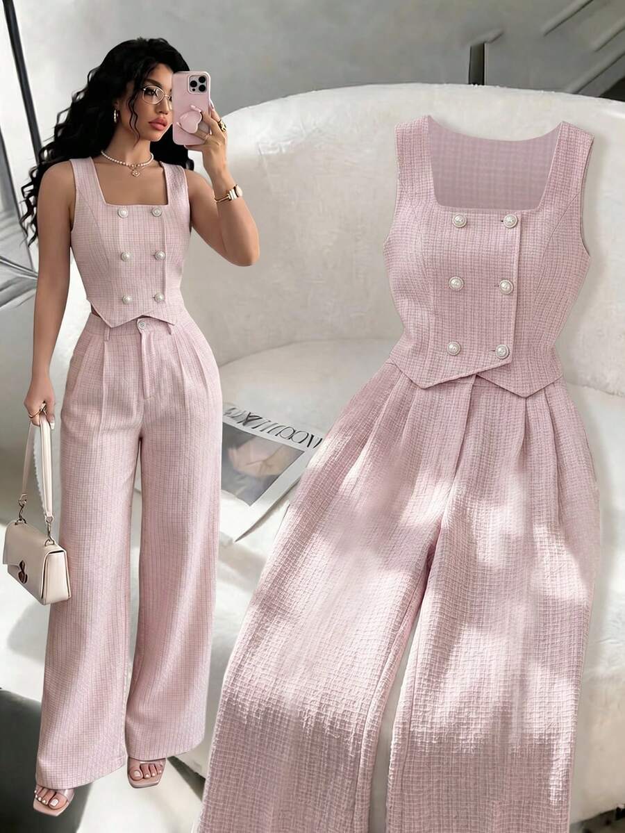Elenzga Women Checkered Double-Breasted Vest And Pants Elegant 2 Pieces Set Easter - Pink - View 1