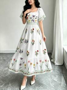 Modelyn 女款優雅花卉植物印花白色洋裝，時尚方領大荷葉袖小蓋袖洋裝，下擺拼接荷葉邊設計，波希米亞風女裝，適合夏季日常與外出穿著 - 彩色 - 查看 4