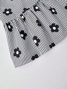 SHEIN Tween Girl Black Striped Floral Print, Front Bow Decor Long Sleeve Shirt - Black - View 8