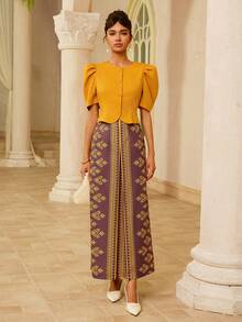 Zaforene Vintage Palace Style Puff Sleeve Short Jacket + Print Slit Long Skirt 2-Piece Set French Luxury Elegant Outfit Dinner Party Golden Yellow Brown Summer - Multicolor - View 4