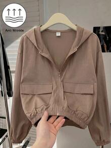 SHEIN Teen Girl Woven Solid Color Patch Pocket Short Loose Casual Hooded Autumn Winter Jacket , Holiday - Multicolor - View 6