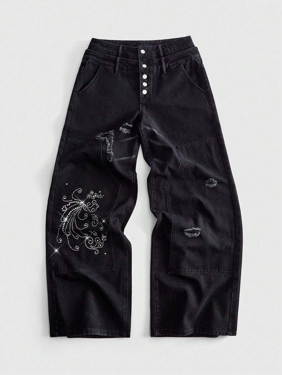 ROMWE MEN Street Life Jeans de mezclilla desgastados decorados con strass para hombre - Negro - Ver 1
