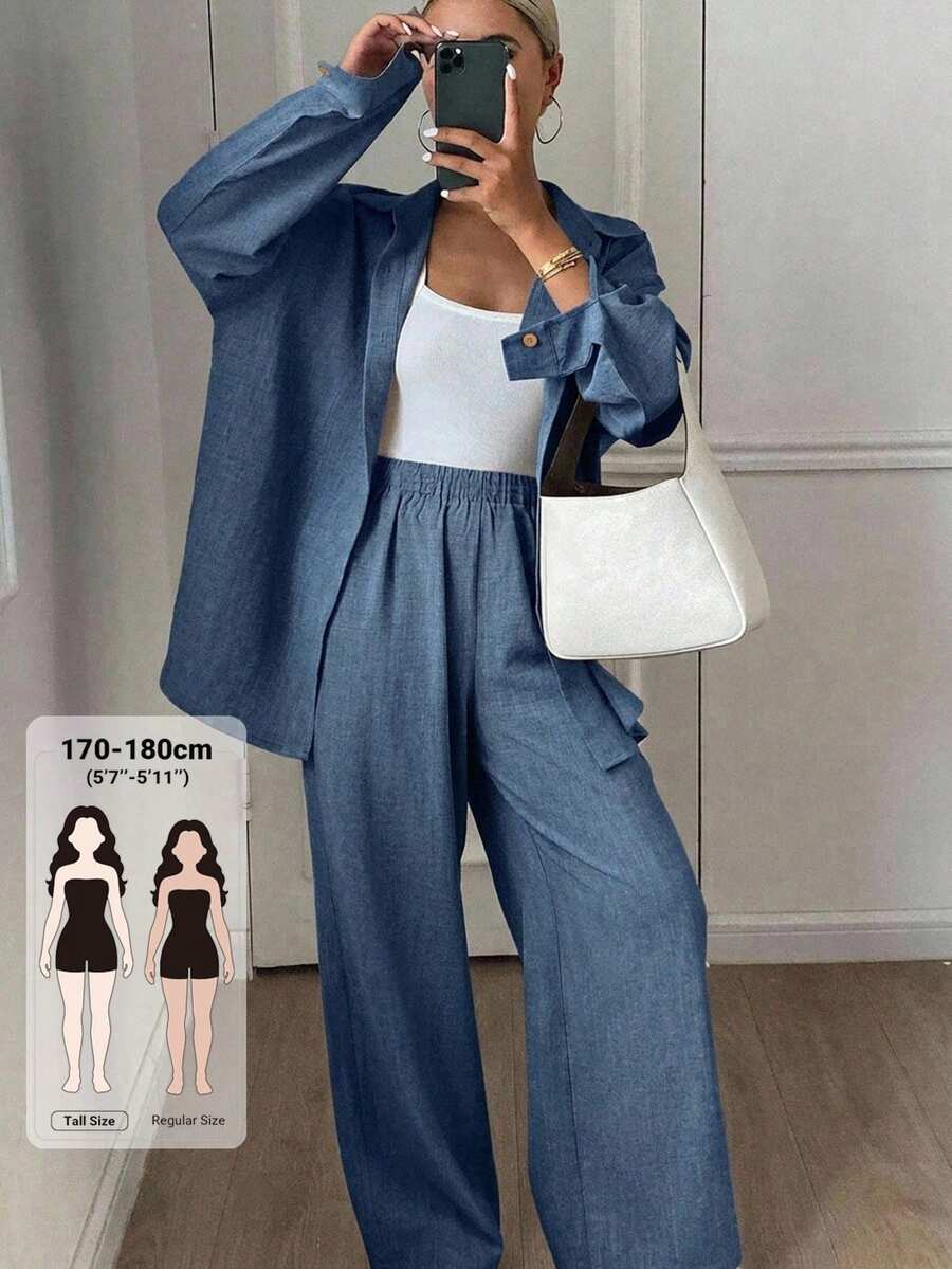 Dazy Tall 女款翻領長袖襯衫與直筒長褲休閒兩件套 秋季 - 藍色 - 查看 1