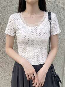 Dazy Tall 女款高個子長袖波點蕾絲拼接休閒T恤，適合高個女孩的可愛上衣 - 彩色 - 查看 5