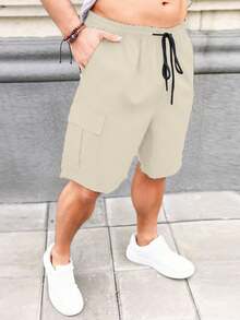 Manfinity Homme Plus Size Men's Drawstring Waist Casual Versatile Daily Wear Cargo Shorts - Apricot - View 3