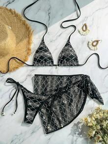 Costavie Swim Bonvoyette 3件式比基尼套裝，春夏海灘度假，亮片紋理面料，珍珠裝飾，掛脖三角內衣，側綁比基尼褲與亮片迷你裙，性感女款泳衣 - 彩色 - 查看 12