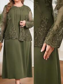 Modelyn 大尺碼優雅刺繡網紗上衣與洋裝兩件套 - 軍綠色 - 查看 1