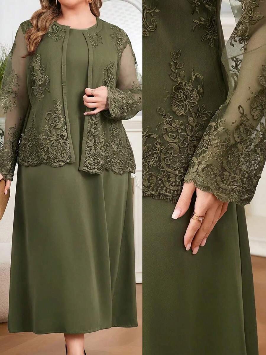 Modelyn 大尺碼優雅刺繡網紗上衣與洋裝兩件套 - 軍綠色 - 查看 1