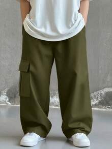 SHEIN Little Byeori 兒童青少年男孩休閒日常舒適工裝直筒寬鬆長褲，軍綠色工裝褲，新年，六七歲，適合外出、約會、上學，春、夏、秋、冬 - 軍綠色 - 查看 2