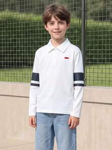 SHEIN Casuvi Kids 男童休闲简约刺绣领长袖polo衫，袖子印花 - 秋季新款上衣，适合春秋季穿着，是上学、聚会、郊游、运动和其他场合的理想之选。 - 白色 - 查看 4