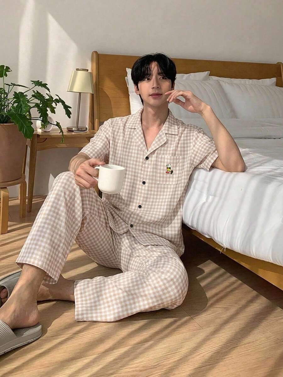 DAZY Summer Gray Short Sleeve Shirt With Long Pants Men's Loungewear Set - Yellow - View 1