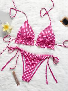 Swim Mod 女款夏季海灘純色荷葉邊掛脖綁帶兩件式比基尼泳衣套裝 - 彩色 - 查看 2