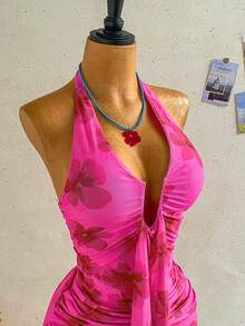 Soleia Women's Pink Floral Summer Boho Sexy Holiday Vacation Casual Dress, V-Neck Tie Strap Bow Tie Waist Ruched Mini Dress For Beach Night Out,Cruise,Party - Pink - View 4