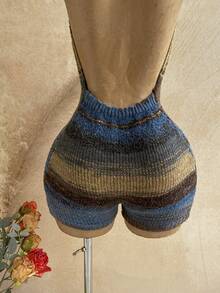 Soleia Women's Gradient Backless Halter Hooded Knit Romper Beach Vacation Blue Striped Autumn Breezy European Tropical - Multicolor - View 6