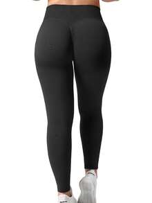 Wide Band Waist Space Dye Seamless Sports Leggings - Black - View 4