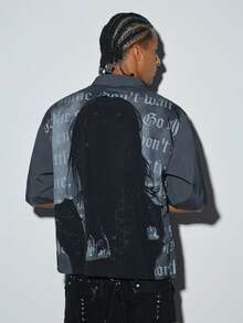Modcrash Men's Grey Gothic Portrait & Slogan Print Button-Down Shirt, Street Dark Style Shirt - Dark Grey - View 2