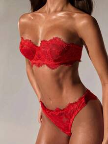 SHEIN BAE 情人节女士蕾丝内衣两件套 - 紅色 - 查看 6