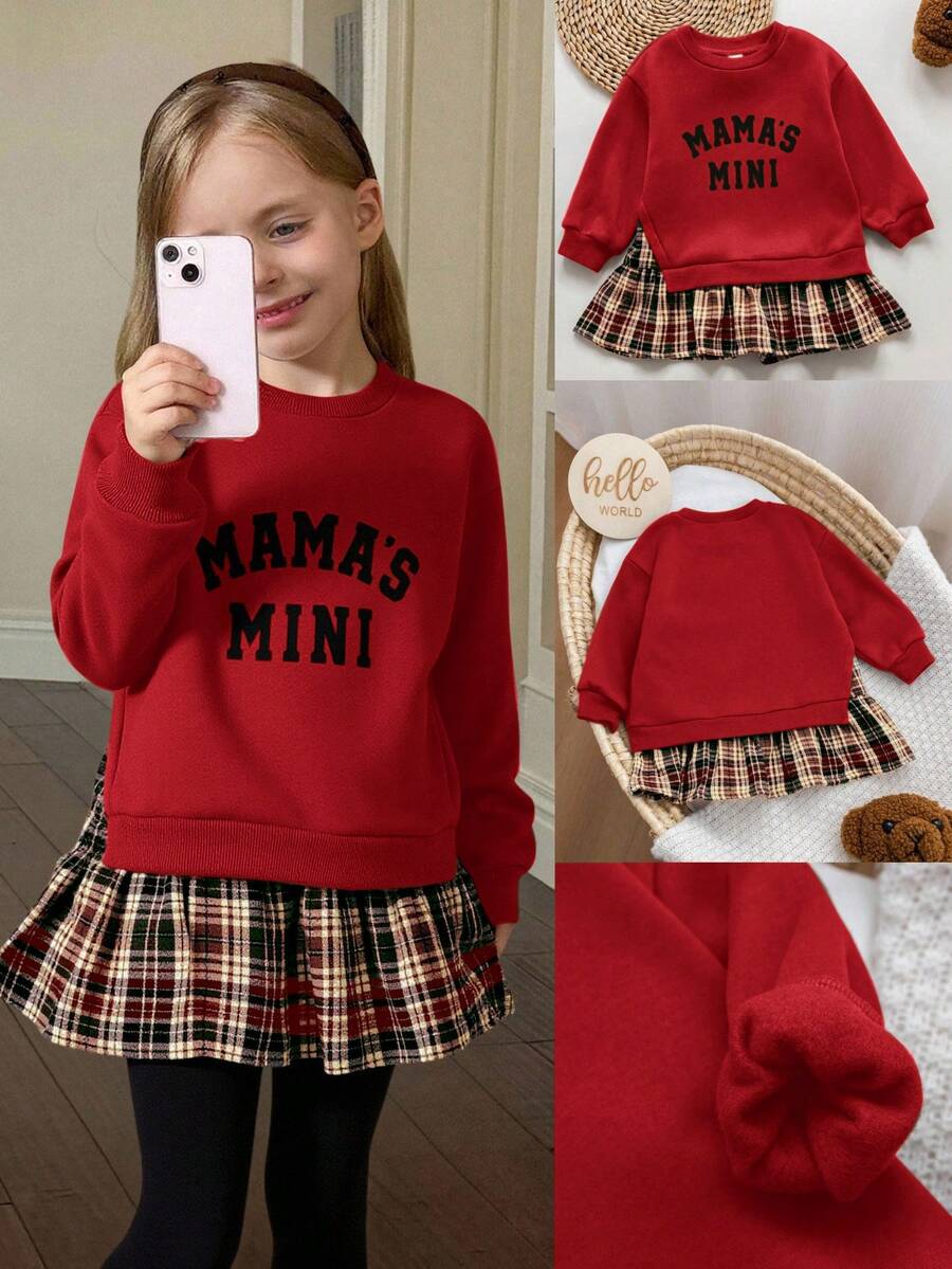 少女版 Mama's Mini 印花卡其色運動衫拼接格紋裙運動衫洋裝 - 紅色 - 查看 1