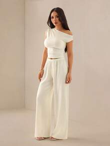SHEIN PETITE Women's Spring/Summer Elegant Modest Casual Off-White Open Shoulder Top And Pants Two Pieces Set Vacation Petite - Apricot - View 10