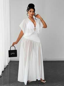 Maweii Plus Size Women's French Elegant Luxury Deep V-Neck Ruched White Moon Chiffon Sheer Solid Color Dress - White - View 5