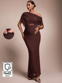 MaterniChic Elegant Solid Color Asymmetric Collar Top And Skirt 2 Pieces Set For Pregnant Women - Burgundy - View 1