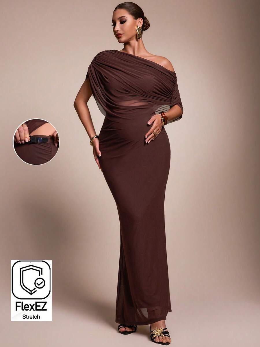 MaterniChic Elegant Solid Color Asymmetric Collar Top And Skirt 2 Pieces Set For Pregnant Women - Burgundy - View 1