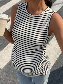 Slowluna 孕婦夏季休閒條紋背心 - 黑與白 - 查看 4