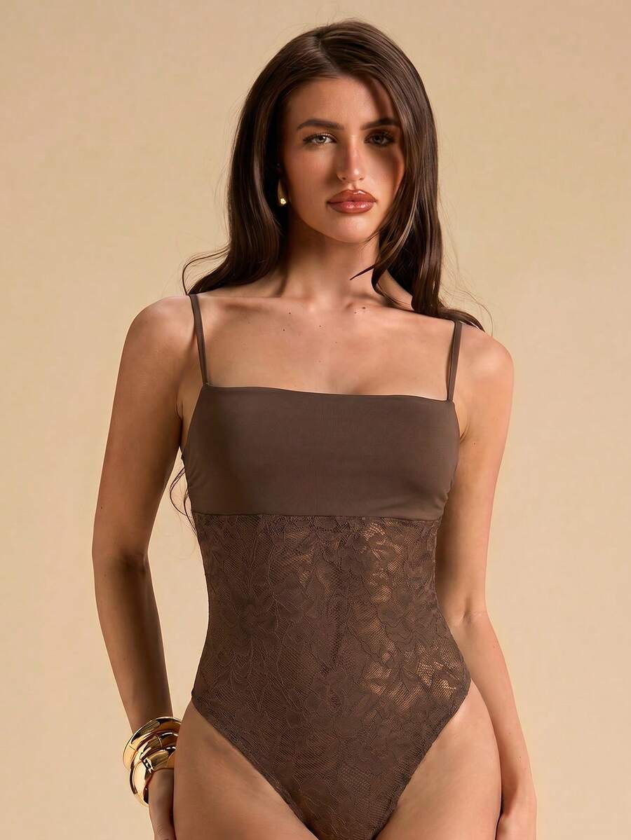 SHEIN BAE 春夏純黑色細肩帶蕾絲拼接性感透視女款連身內衣,夏季黑色細肩帶蕾絲連身衣,音樂節、外出穿搭性感連身衣 - 棕色 - 查看 1
