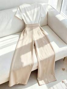 Franclia Women's Casual Jumpsuit, Color Block Jumpsuit - Apricot - View 2