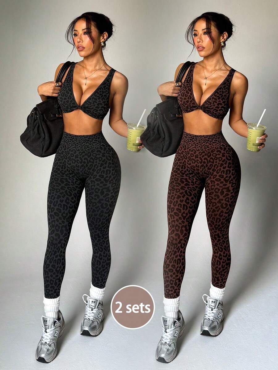 SHEIN Velisys 2套女款無縫豹紋扭轉交叉瑜伽跑步健身運動內衣與緊身褲套裝 - 彩色 - 查看 1