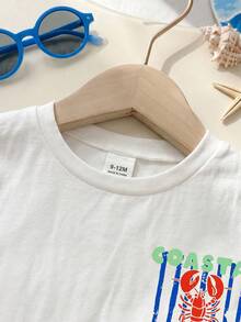 SHEIN Playful Pals 小龍蝦印花 2 件組幼兒夏季度假前後穿著 T-shirt，彈性腰條紋 S 號 - 彩色 - 查看 3