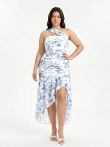 SHEIN MOD Plus Size Elegant Blue & White Floral Print High Slit Dress - Blue and White - View 8