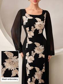Graceveil Black Floral Embroidered Contrast Mesh Elegant Classy Fashionable Evening Dinner Ball Gown Long Dress For Women Autumn - Black - View 4
