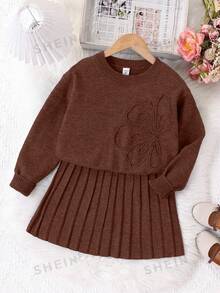 Tween Girls Sweater Co-Ords Coffee Color Special Embroidery Round Neck Pullover With Pleated Skirt Knit Sweater Set Soft Comfortable Suitable For Daily Wear, Outings, Travel, Vacation, Home, And Play - Khaki - View 6