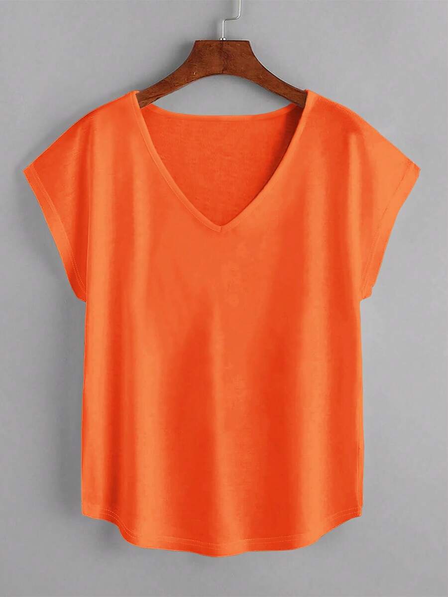 EMERY ROSE Women's Solid Color V-Neck Casual Versatile Short Sleeve T-Shirt - Orange - View 1