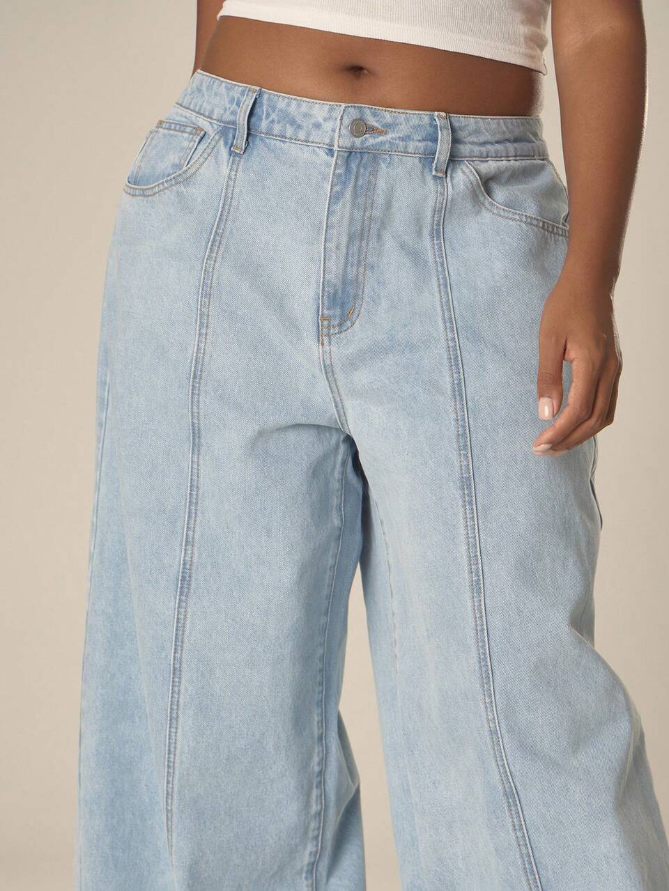 Calça Denim Plus Size com Detalhe de Costura Perna Larga Primavera Verão Fofo Aconchegante Cottage Core Orvalho da Primavera