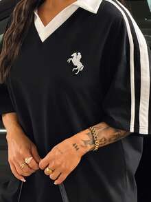 SAYEHFBABY 女款對比色刺繡針織 Polo 衫，夏季休閒上衣 - 黑與白 - 查看 6