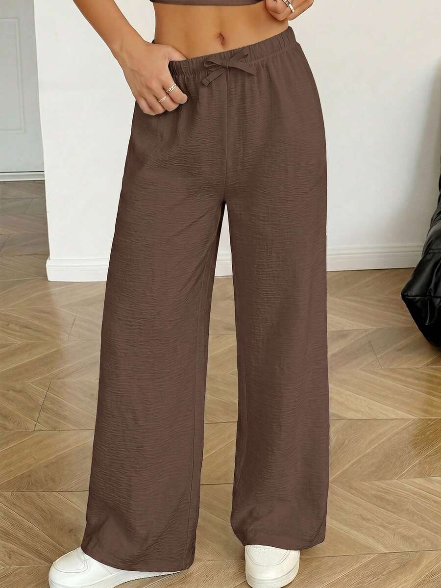 SHEIN 青少年女孩休閒紋理卡其色長褲 - 卡其色 - 查看 1