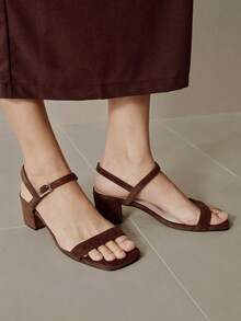 1 Pair New Brown Suede Square Toe Party Chunky Heel Sandals, Summer Buckle Open Toe Versatile Sexy Slim Strap Retro Mid-Heel Commuting Women Shoes - Brown - View 1