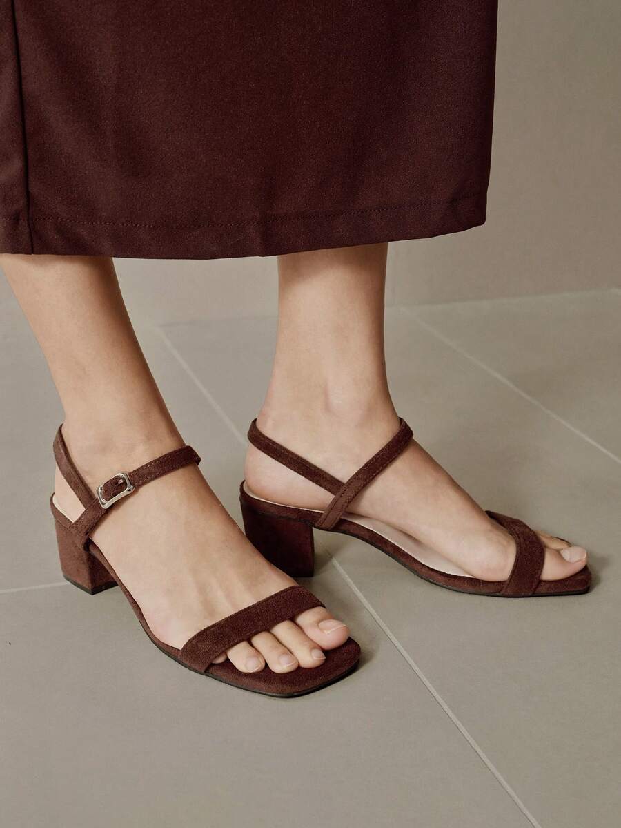 1 Pair New Brown Suede Square Toe Party Chunky Heel Sandals, Summer Buckle Open Toe Versatile Sexy Slim Strap Retro Mid-Heel Commuting Women Shoes - Brown - View 1