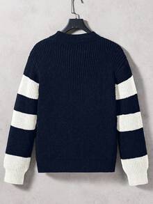 SHEIN 青少年男士拼色圓領寬鬆休閒毛衣 - 藏蓝色 - 查看 2
