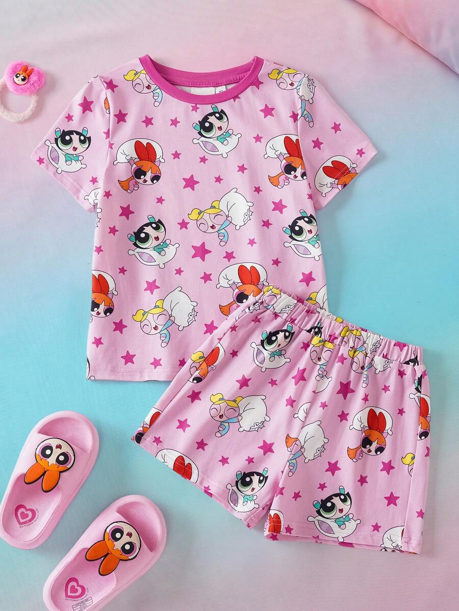 THE POWERPUFF GIRLS X SHEIN 女童可愛卡通印花圓領上衣與短褲家居服 - 粉色 - 查看 1